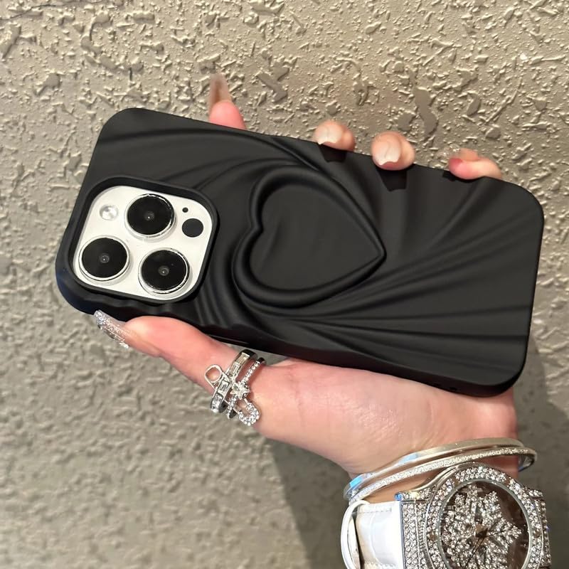 COVERLY Heart Shape Design Back Case Cover for iPhone 15 | 3D Embossed Wrinkle Cute Silk Pattern | Love Trendy Matte TPU | Soft Silicone Fashion Aesthetic Cover for Girls & Women (Black, Shockproof) - Image 2