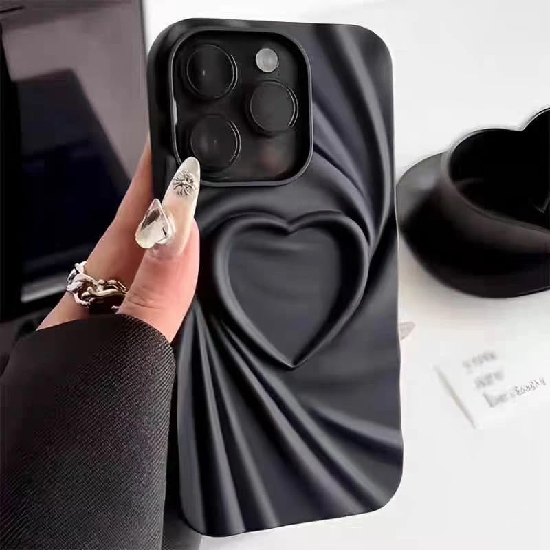 COVERLY Heart Shape Design Back Case Cover for iPhone 15 | 3D Embossed Wrinkle Cute Silk Pattern | Love Trendy Matte TPU | Soft Silicone Fashion Aesthetic Cover for Girls & Women (Black, Shockproof) - Image 1