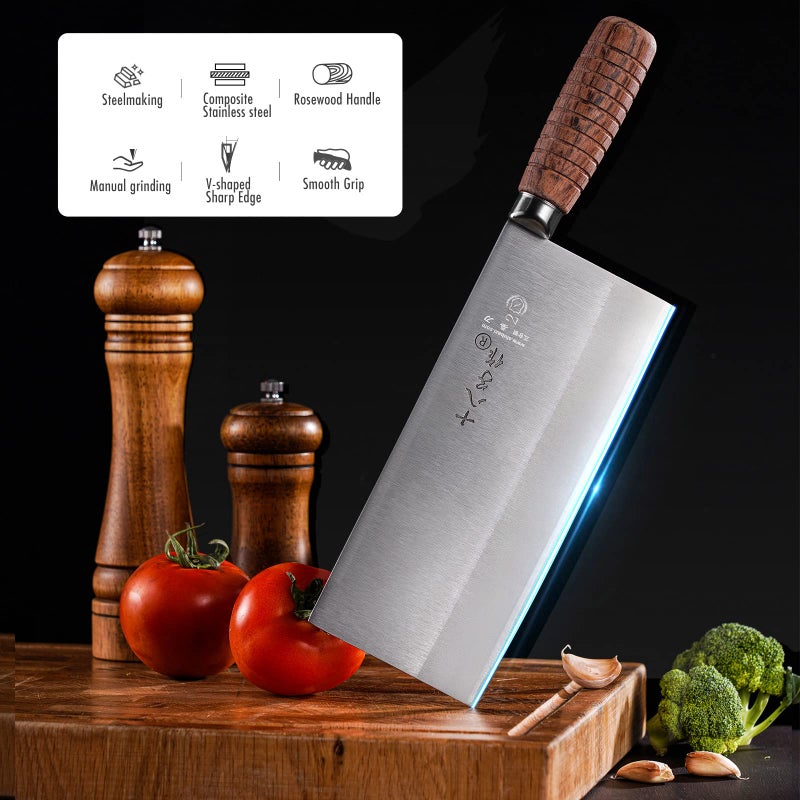 SHI BA ZI ZUO SHI BA ZI ZUO Cleaver Knife Meat Cleaver 8-inch Professional Chef Knife Stainless Steel Vegetable Knife Safe Non-stick Finish Blade with Anti-slip Wooden Handle  - Image 2