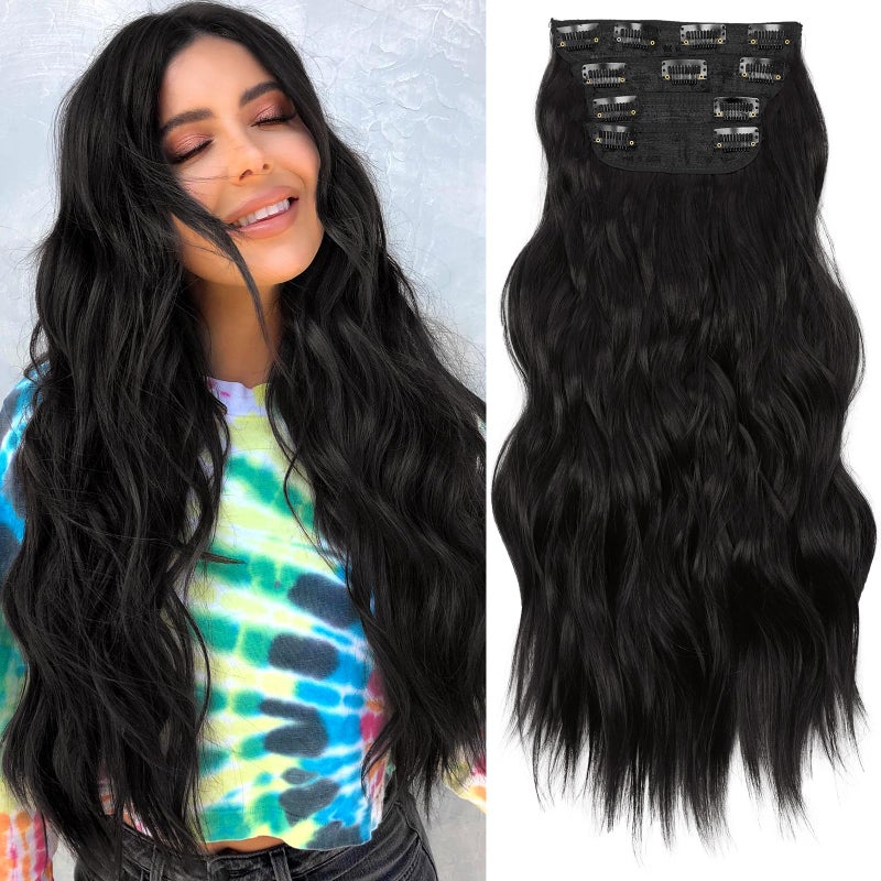 KooKaStyle Clip in Synthetic Hair Extensions Long Wavy 4PCS Thick Hairpieces Brunette Brown Fiber Double Weft Natural Hair Extensions 20 Inch for Women