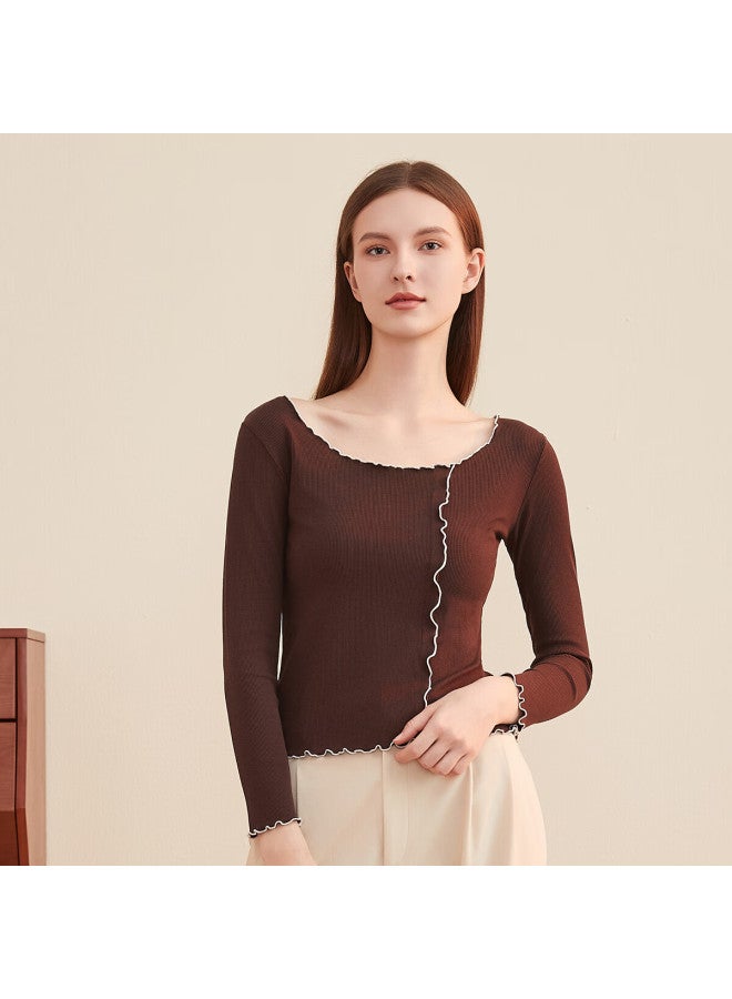 Dingguagua Dingguagua Women's Thermal Underwear Cotton Ribbed Ruffled Large Round Neck Thermal Base Shirt Dark Coffee Size 175