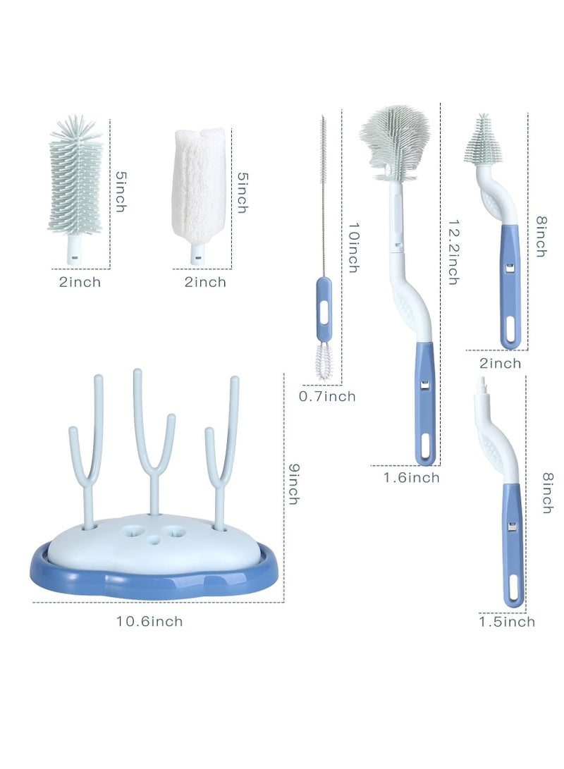 SYOSI - Baby Bottle Brush and Drying Rack Rotating Silicone Bottle Brush with Long Handle Bottle Drying Rack with Bottle Cleaner Brush Nipple Straw Cleaner Blue Rotating Brush Drying Rack - Image 1