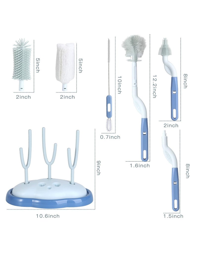 SYOSI - Baby Bottle Brush and Drying Rack Rotating Silicone Bottle Brush with Long Handle Bottle Drying Rack with Bottle Cleaner Brush Nipple Straw Cleaner Blue Rotating Brush Drying Rack - Image 1