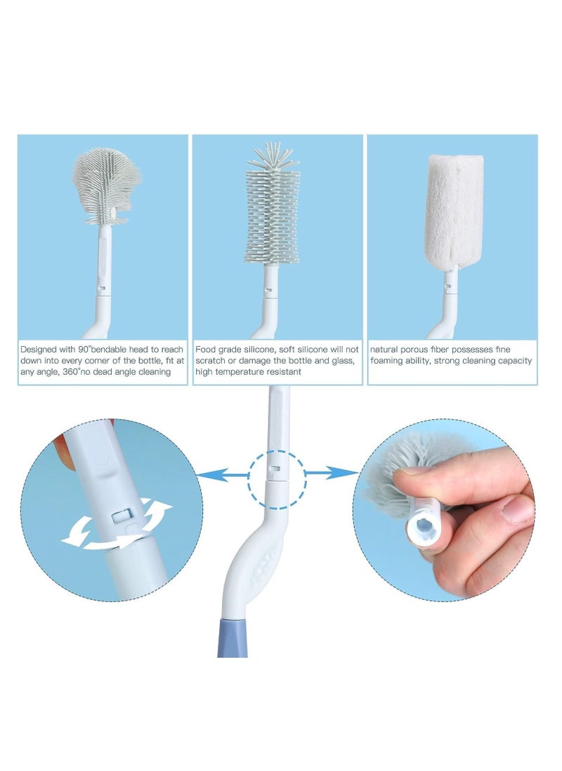 SYOSI - Baby Bottle Brush and Drying Rack Rotating Silicone Bottle Brush with Long Handle Bottle Drying Rack with Bottle Cleaner Brush Nipple Straw Cleaner Blue Rotating Brush Drying Rack - Image 1