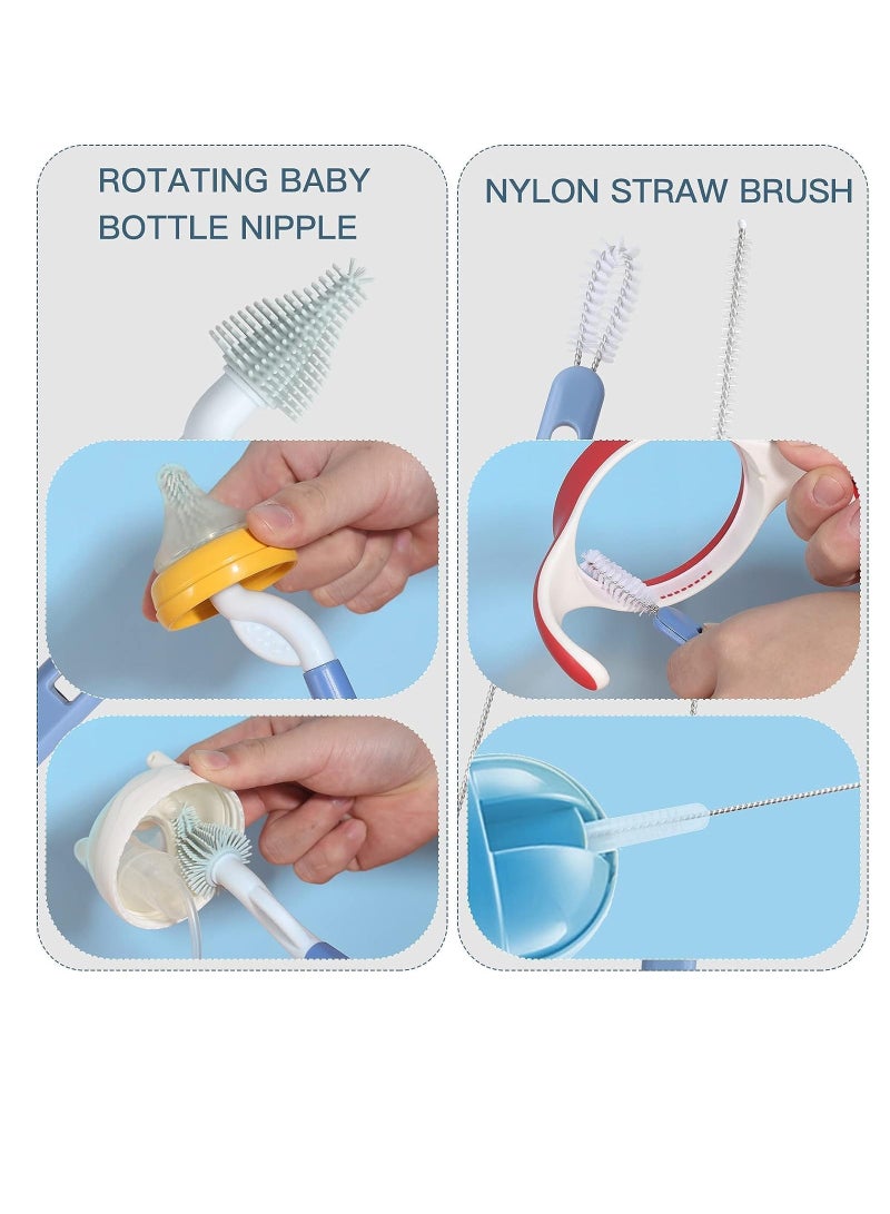 SYOSI - Baby Bottle Brush and Drying Rack Rotating Silicone Bottle Brush with Long Handle Bottle Drying Rack with Bottle Cleaner Brush Nipple Straw Cleaner Blue Rotating Brush Drying Rack - Image 1