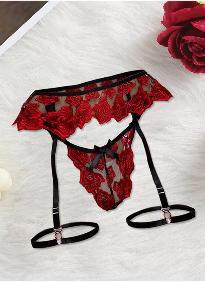 MARGOUN Women’s Medium Size Lingerie Padded Underwear and Panty Sets Floral Lace Bra and G-String with Garter Belt Red / M(Bust 72-102/Waist 68-88)  - Image 5