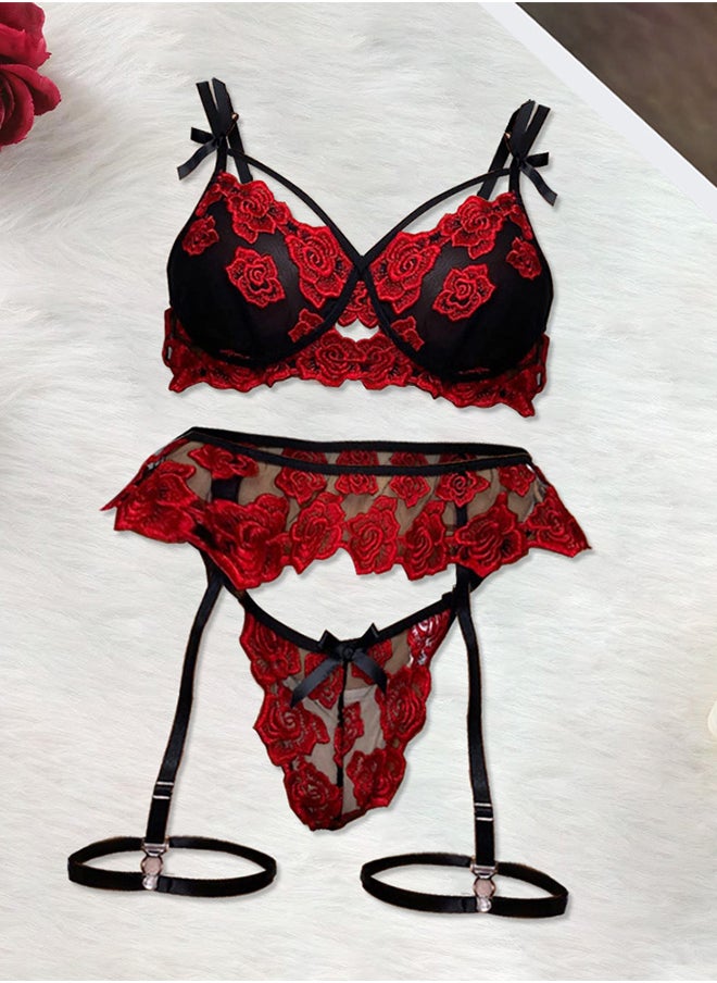 MARGOUN Women’s Medium Size Lingerie Padded Underwear and Panty Sets Floral Lace Bra and G-String with Garter Belt Red / M(Bust 72-102/Waist 68-88)  - Image 3