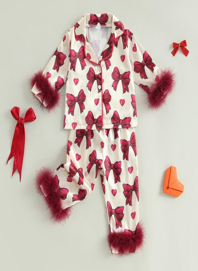 Douhoow Toddler Baby Girls Silk Satin Pajamas Set Feather Trim Long Sleeve Botton Shirt Tops Pajama Pant Fuzzy Lounge Pjs (Red Bow&Heart, 6-12 Months) - Image 2