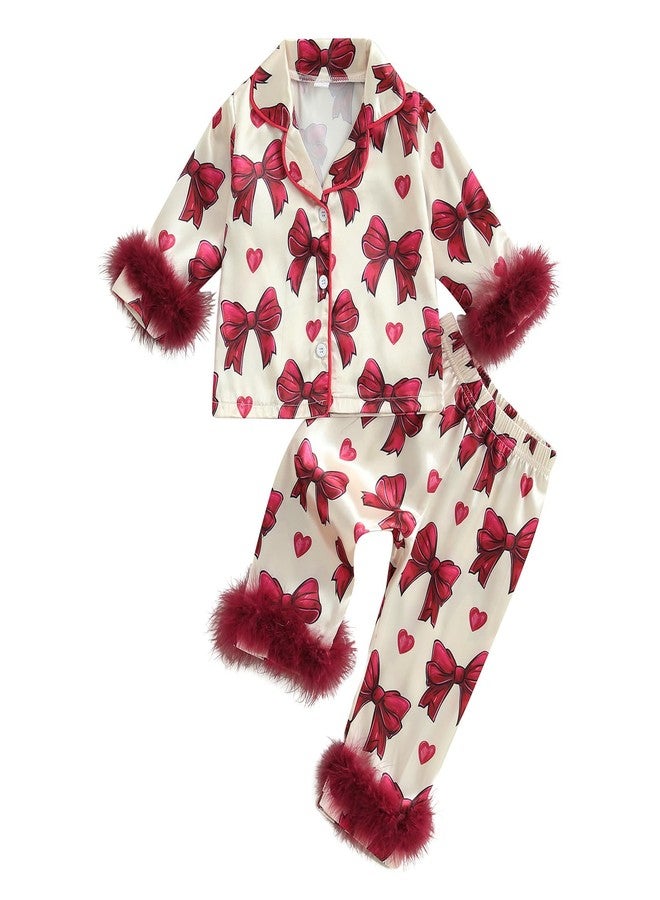 Douhoow Toddler Baby Girls Silk Satin Pajamas Set Feather Trim Long Sleeve Botton Shirt Tops Pajama Pant Fuzzy Lounge Pjs (Red Bow&Heart, 6-12 Months) - Image 1