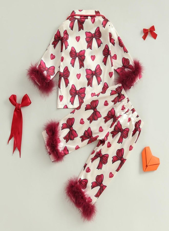 Douhoow Toddler Baby Girls Silk Satin Pajamas Set Feather Trim Long Sleeve Botton Shirt Tops Pajama Pant Fuzzy Lounge Pjs (Red Bow&Heart, 6-12 Months) - Image 3