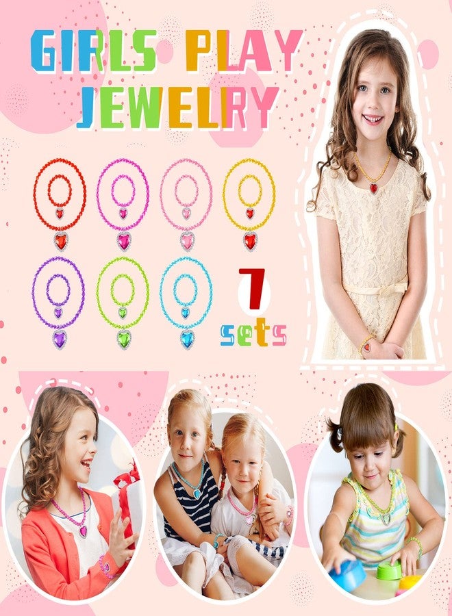Sureio 7 Sets Girl Dress up Jewelry Toddler Princess Bracelet Necklaces Kids Costume Jewelry Set for Girl Tea Costume Party(Heart Pendant) - Image 4