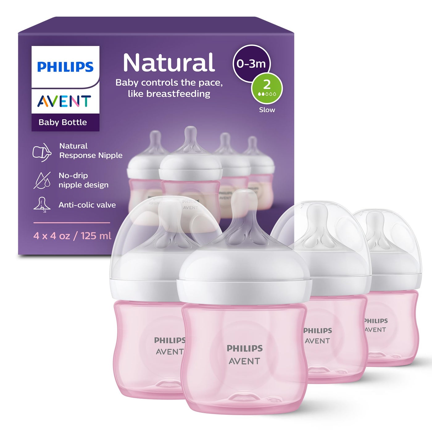 Avent Philips Avent Natural Baby Bottles with Natural Response Nipples Slow Flow Flow 2 4oz Pink 4Pack SCY90014