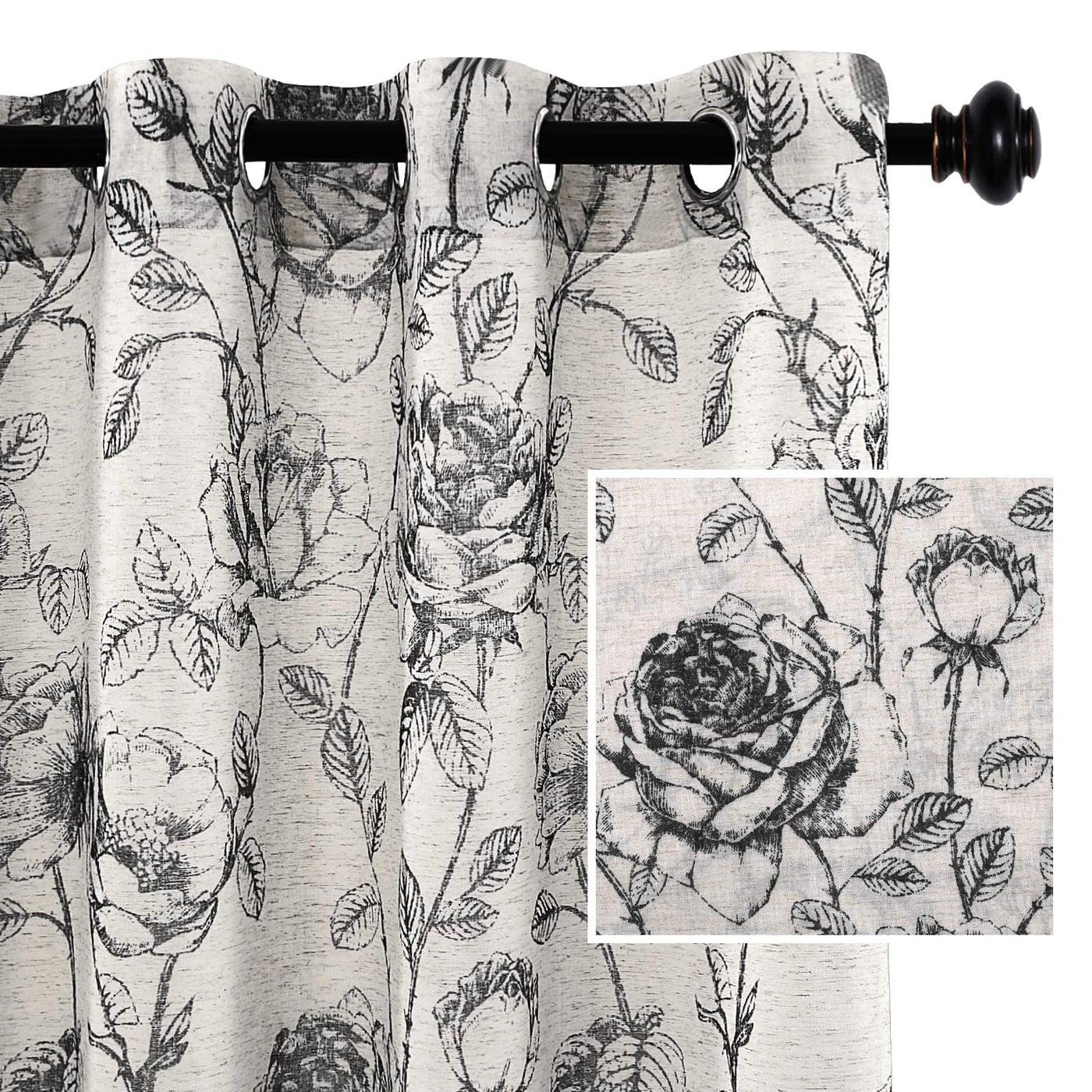H.VERSAILTEX HVERSAILTEX Boho Floral Linen Curtains Semi Sheer Light Filtering Curtains Drapes 63 Inch Length 2 Panels Set Grommet Top Farmhouse Vintage Curtain Print Pattern Treatments for Bedroom Bl