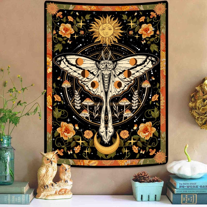 Aipon Orange Moth Tapestry Boho Retro Floral Flowers Tapestries Aesthetic Vintage Mushroom Tapestries for Bedroom Indie Small Tapestry Wall Hanging for Living Room Dorm (30'' Ã— 40'', Orange) - Image 3