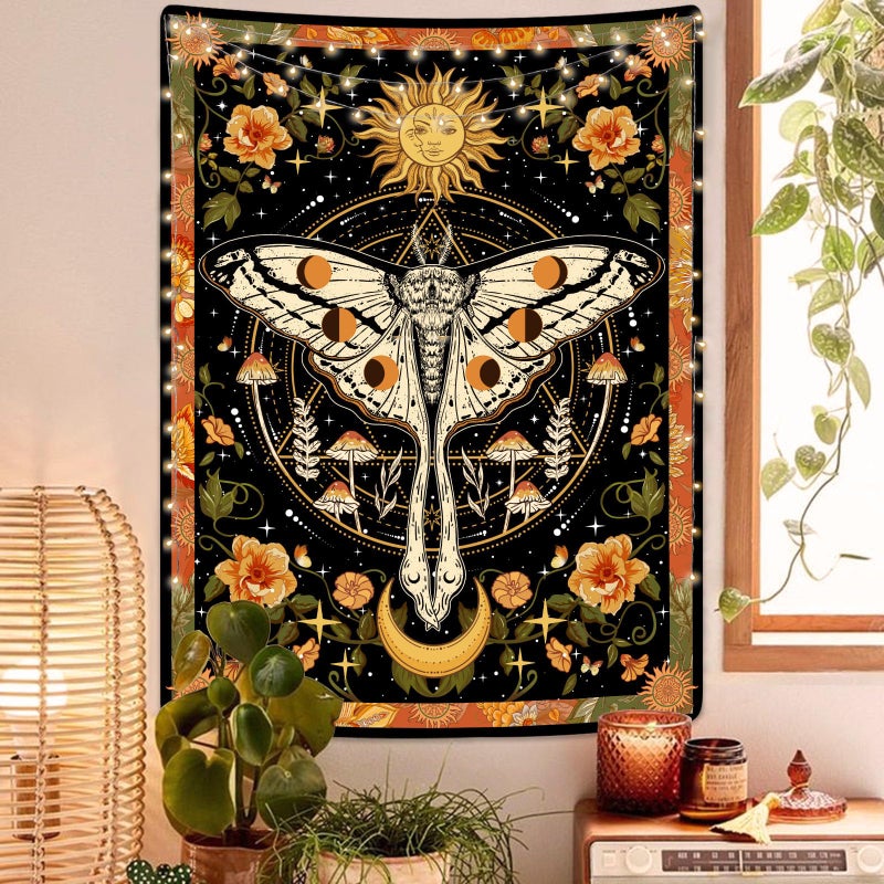 Aipon Orange Moth Tapestry Boho Retro Floral Flowers Tapestries Aesthetic Vintage Mushroom Tapestries for Bedroom Indie Small Tapestry Wall Hanging for Living Room Dorm (30'' Ã— 40'', Orange) - Image 1