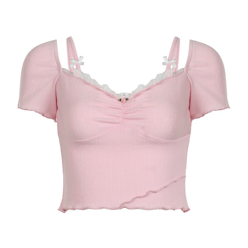 2024 Summer Cross-border Sweet Hot Girl Style Lace Square Collar Womens Bow Stitching Navel Short-sleeved T-shirt Top light pink