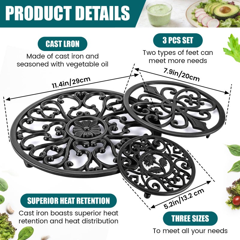 LEIFIDE 3 Pcs Cast Iron Trivet with Pegs Round Metal Trivet with Vintage Pattern 11.4'', 8'', 5.2'' Rustproof Heat Resistant Hot Pot Plate Stand Holder Mat Pad for Kitchen Dining Countertop, Black - Image 2
