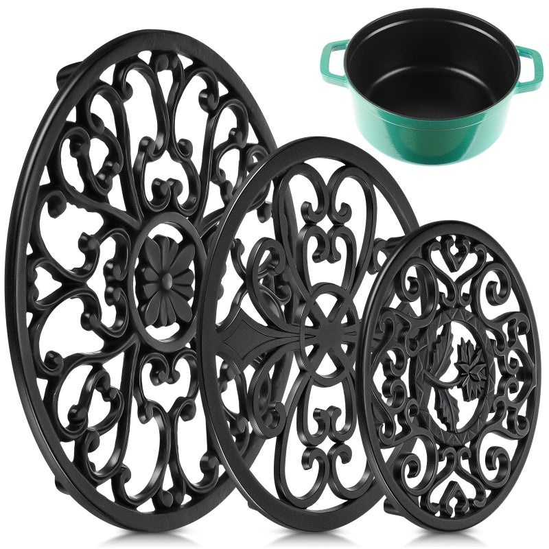 LEIFIDE 3 Pcs Cast Iron Trivet with Pegs Round Metal Trivet with Vintage Pattern 11.4'', 8'', 5.2'' Rustproof Heat Resistant Hot Pot Plate Stand Holder Mat Pad for Kitchen Dining Countertop, Black - Image 1