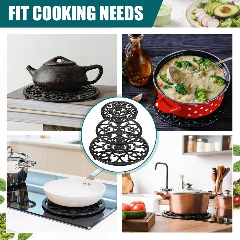 LEIFIDE 3 Pcs Cast Iron Trivet with Pegs Round Metal Trivet with Vintage Pattern 11.4'', 8'', 5.2'' Rustproof Heat Resistant Hot Pot Plate Stand Holder Mat Pad for Kitchen Dining Countertop, Black - Image 5