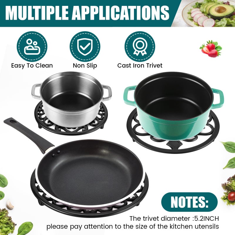 LEIFIDE 3 Pcs Cast Iron Trivet with Pegs Round Metal Trivet with Vintage Pattern 11.4'', 8'', 5.2'' Rustproof Heat Resistant Hot Pot Plate Stand Holder Mat Pad for Kitchen Dining Countertop, Black - Image 3