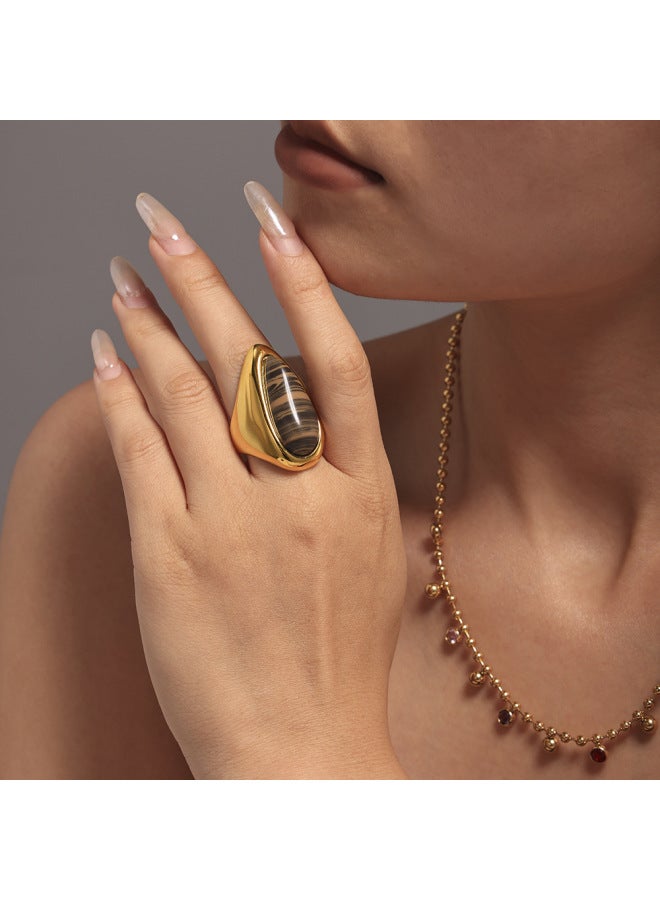 Enigma Natural Wood Stone Drop Ring Plated With 18k Real Gold Maillard Autumn And Winter Light Luxury Ring Ring