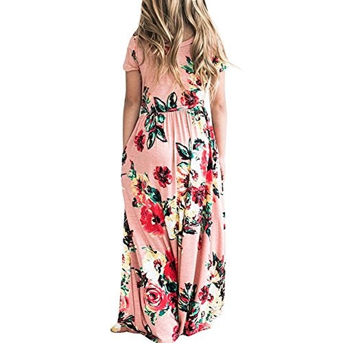 YIJODM Girls Pink Floral Maxi Dress, Short Sleeves, High Waist, Scoop Neck, Backless, Casual, Ages 5-12 - Image 2