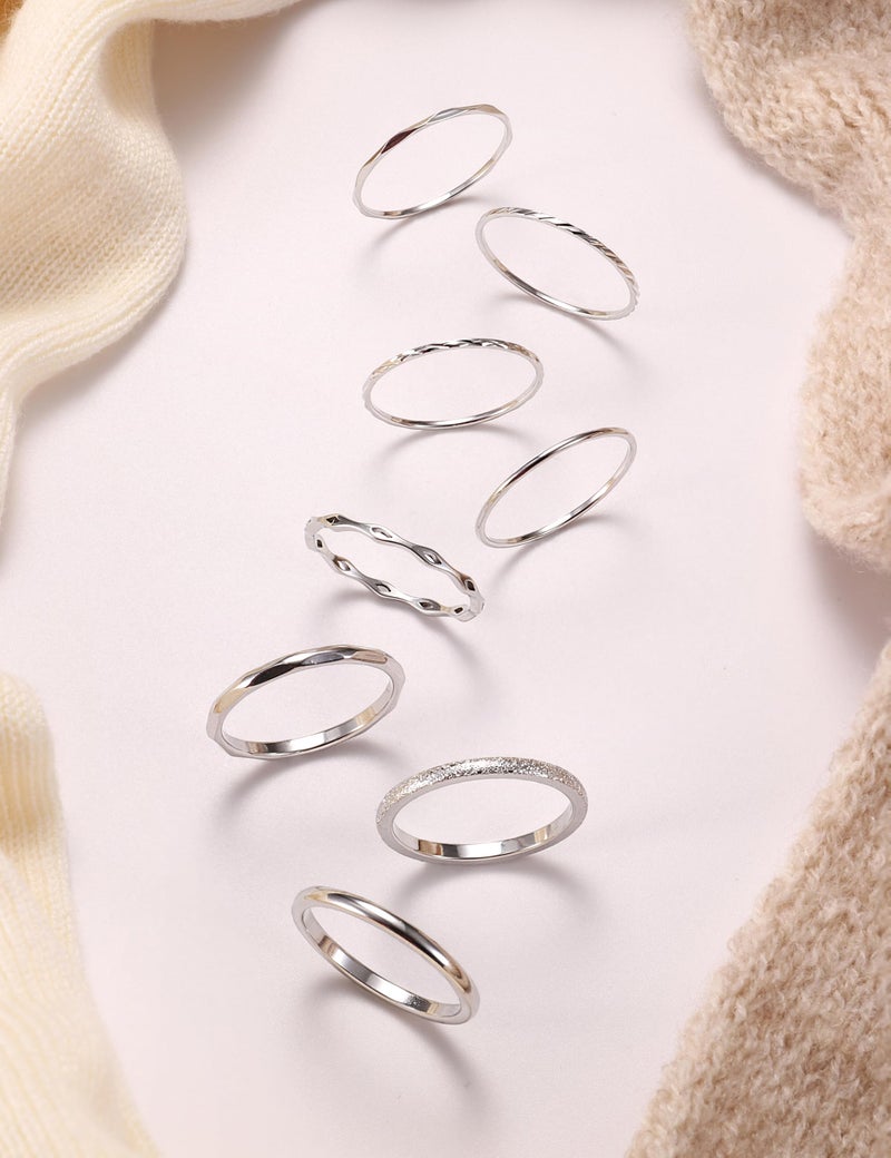 YADOCA 8Pcs 1MM 2MM Stainless Steel Rings for Women Men Minimalist Fashion Dainty Plain Thin Knuckle Stacking Midi Thumb Rings Stackable Statement Band Rings Set Silver Tone Size 7 - Image 5