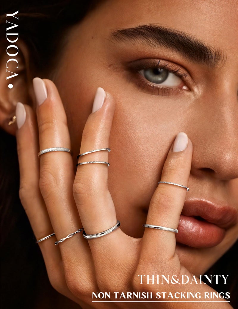 YADOCA 8Pcs 1MM 2MM Stainless Steel Rings for Women Men Minimalist Fashion Dainty Plain Thin Knuckle Stacking Midi Thumb Rings Stackable Statement Band Rings Set Silver Tone Size 7 - Image 2