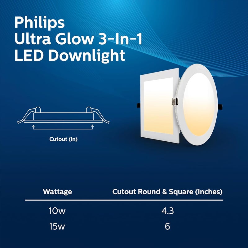 Philips داونلايت LED دائري 15 واط من الترا جلو | 3 ألوان في 1 داونلايت LED مدمج | ضوء سقف LED للمنزل | قطع: 6 بوصة، اللون: أبيض قابل للتعديل، عبوة من 1-بولي كربونات - Image 4
