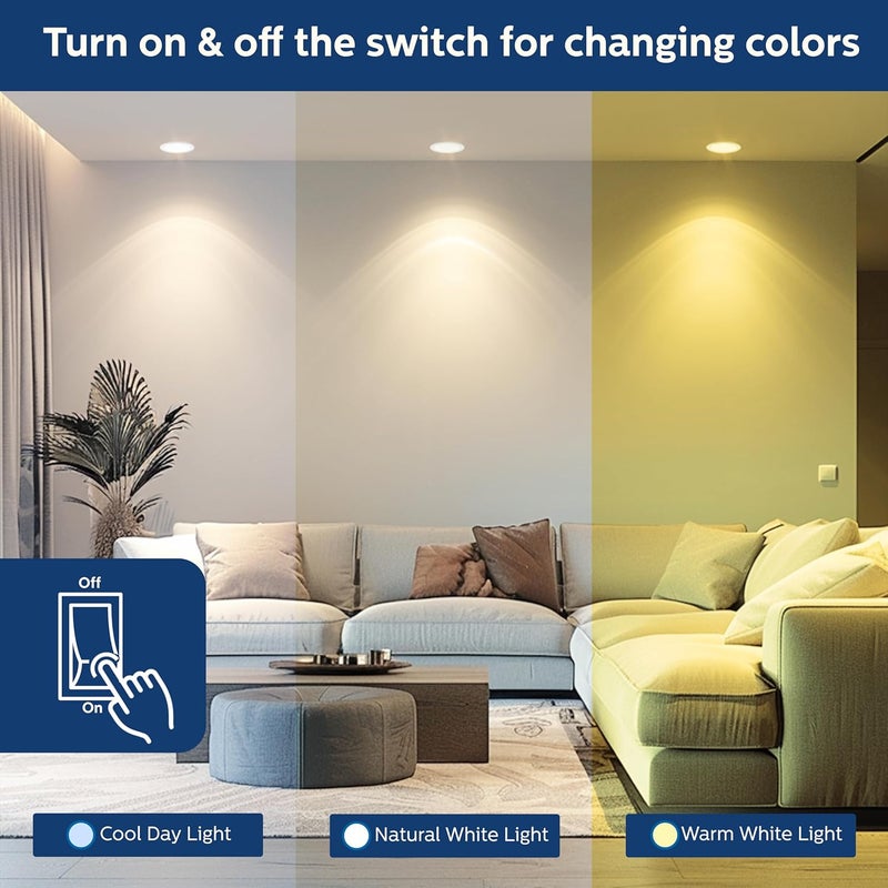 Philips داونلايت LED دائري 15 واط من الترا جلو | 3 ألوان في 1 داونلايت LED مدمج | ضوء سقف LED للمنزل | قطع: 6 بوصة، اللون: أبيض قابل للتعديل، عبوة من 1-بولي كربونات - Image 5