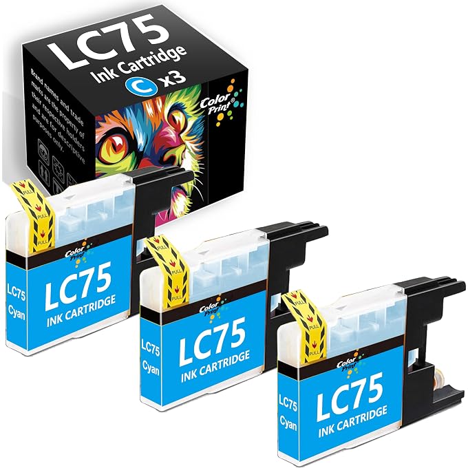 Color Print Compatible LC75C Ink Cartridge Replacement for LC75 LC75XL for MFC-J280W MFC-J425W MFC-J430W MFC J435W J5910DW J625DW J825DW J835DW J6510DW J6710DW J6910DW Printer (3-Pack,Cyan)