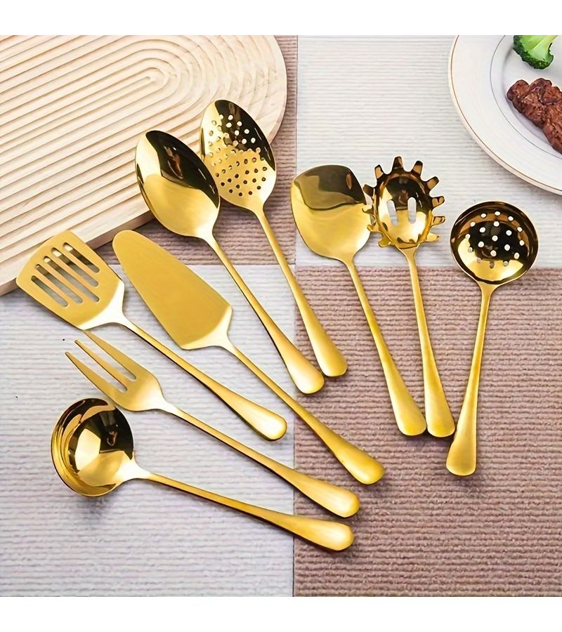 9pcs Golden Stainless Steel Cutlery Set Mirror Polished for Home Wedding Party - Image 1