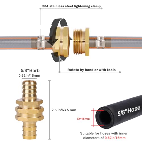 YELUN Solid Brass Garden Hose Repair Connector with Clamps Hose End Repair Kit,Fit for Male and Female Hose Fittings (5/8"-3 Set) - Image 2
