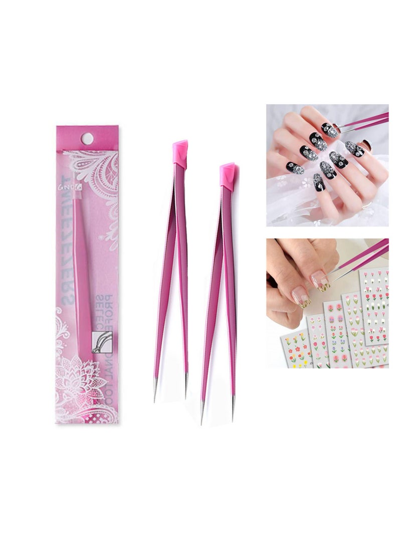 Miss Gooey Art Tweezers 2 Pcs Stainless Steel Curved Tip Tweezers Nippers For Precision Nail Art Sticker Rhinestone, Nail Art Sticker Diy Tool,Eyelash Extensions,Picker Acrylic Gel Diy Art,Pink  - Image 1