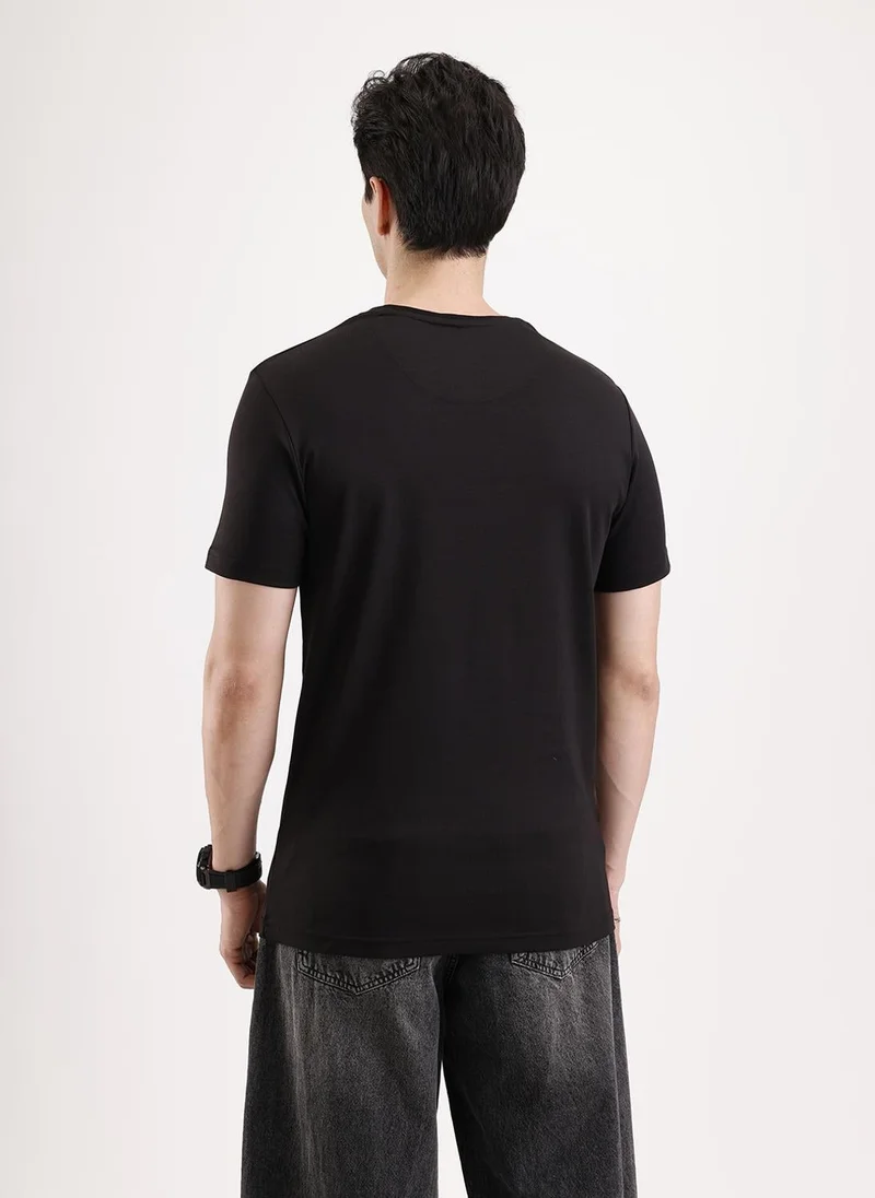 Wrogn Solid Flock Printed T-Shirt   |  Black