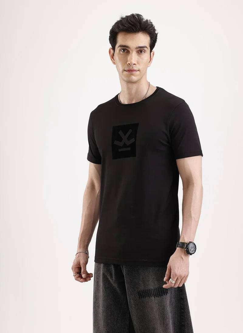 Wrogn Solid Flock Printed T-Shirt   |  Black