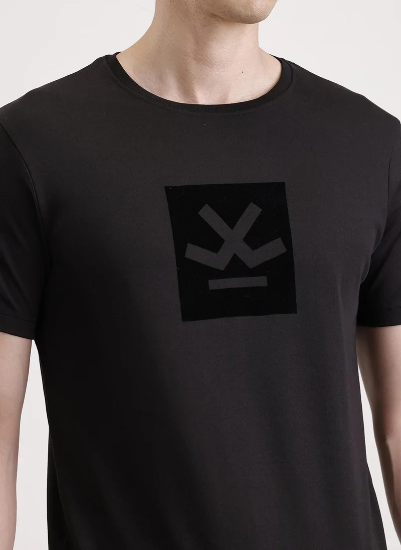 Wrogn Solid Flock Printed T-Shirt   |  Black