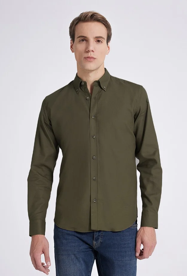 دي أس دامات Regular Fit Khaki Dobby Shirt 9HC02HD35259M