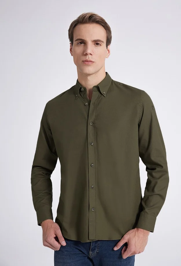 دي أس دامات Regular Fit Khaki Dobby Shirt 9HC02HD35259M