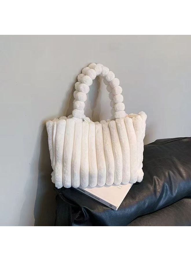 Plush Bag Simple Fashionable Shoulder Bag 2024 Fashionable Hand Tote Bag Work Commuter Texturing Women's Bag-Color:Warm White - Image 1
