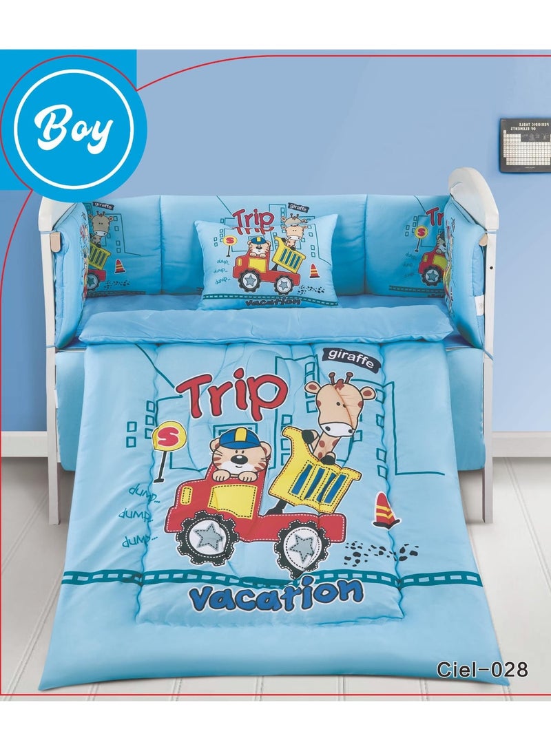 مفرش حاجز اطفال طقم مكون من 5 قطع مقاس-لحاف حشوة ثابتة مقاس ( 90×145) سم الشرشف  مقاس ( 110 ×160) سم كيس مخدة مقاس ( 45×35) سم حاجز للطفل مقاس ( 33×130) سم حاجز للطفل مقاس ( 33×300) سم