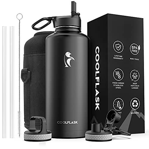 Coolflask Insulated Water Bottle 87 oz with Straw, Coolflask 2/3 Gallon Stainless Steel Metal 3 Lids Large Water Jug for Sports or Office, Non-BPA Keep Cold Up to 48 Hrs or Hot Up to 24 Hrs, Magic Black - Image 1