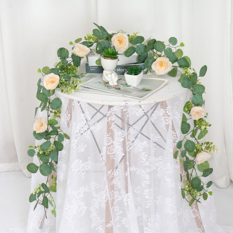 TOCHGREEN 2 Pack 12Ft Artificial Eucalyptus Flower Garland with Champagne Roses, Fake Rose Flower Greenery Garland Floral Vines for Wedding Home Party Table Runner Decor (2PCS, Champagne) - Image 5