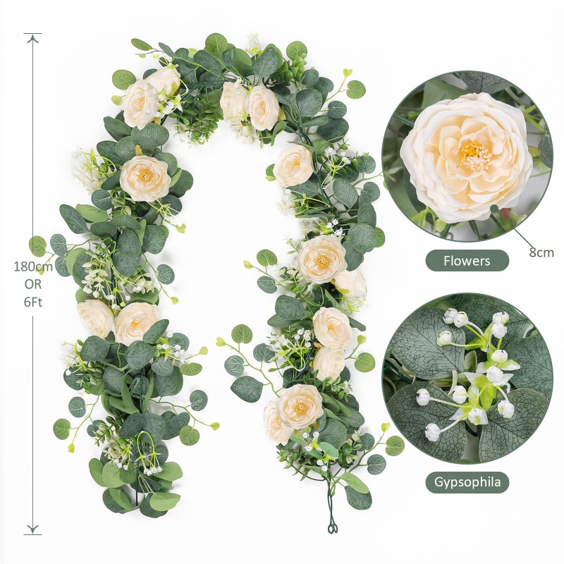 TOCHGREEN 2 Pack 12Ft Artificial Eucalyptus Flower Garland with Champagne Roses, Fake Rose Flower Greenery Garland Floral Vines for Wedding Home Party Table Runner Decor (2PCS, Champagne) - Image 3