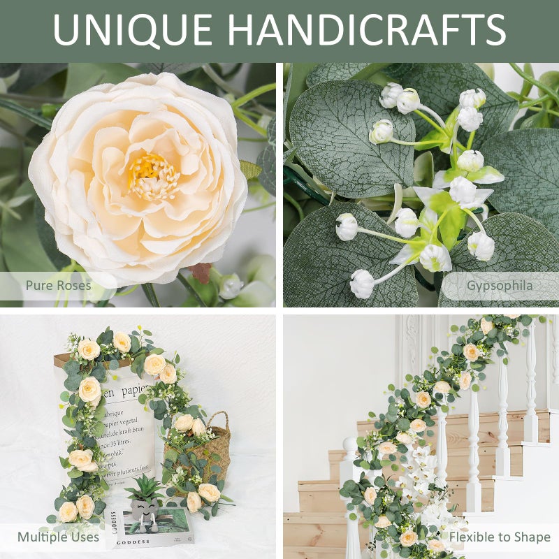 TOCHGREEN 2 Pack 12Ft Artificial Eucalyptus Flower Garland with Champagne Roses, Fake Rose Flower Greenery Garland Floral Vines for Wedding Home Party Table Runner Decor (2PCS, Champagne) - Image 4