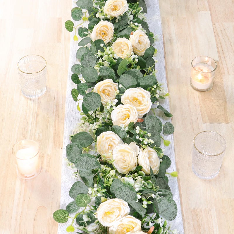 TOCHGREEN 2 Pack 12Ft Artificial Eucalyptus Flower Garland with Champagne Roses, Fake Rose Flower Greenery Garland Floral Vines for Wedding Home Party Table Runner Decor (2PCS, Champagne) - Image 1