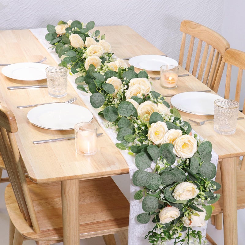 TOCHGREEN 2 Pack 12Ft Artificial Eucalyptus Flower Garland with Champagne Roses, Fake Rose Flower Greenery Garland Floral Vines for Wedding Home Party Table Runner Decor (2PCS, Champagne) - Image 2