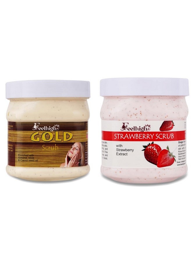 FEELHIGH Face & Body Feelhigh Gold Scrub Enriched with Almond, Olive And Carrot seeds Oil Helps to Glowing Skin Brightening 500ml And Strawberry Skin Smoothing Scrub Enriched with Strawberry Extract 500ml-Skin Care Products Men And Women - Image 1