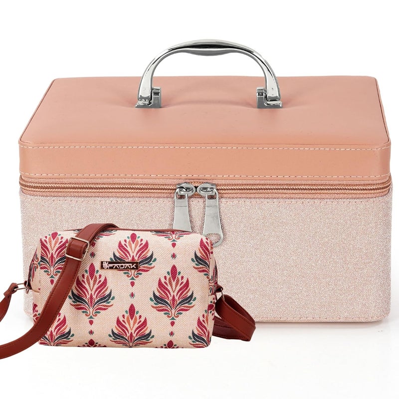 FADAK Cosmetic Makeup for Beauty Case Wedding Makeup Brushes Pouch Tikli Organizer Travel Large Vanity Mirror Box Storage Bag Jewelry Bridal Box (B Pink) - Image 1