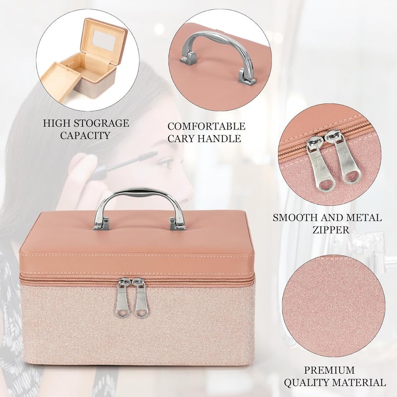 FADAK Cosmetic Makeup for Beauty Case Wedding Makeup Brushes Pouch Tikli Organizer Travel Large Vanity Mirror Box Storage Bag Jewelry Bridal Box (B Pink) - Image 4